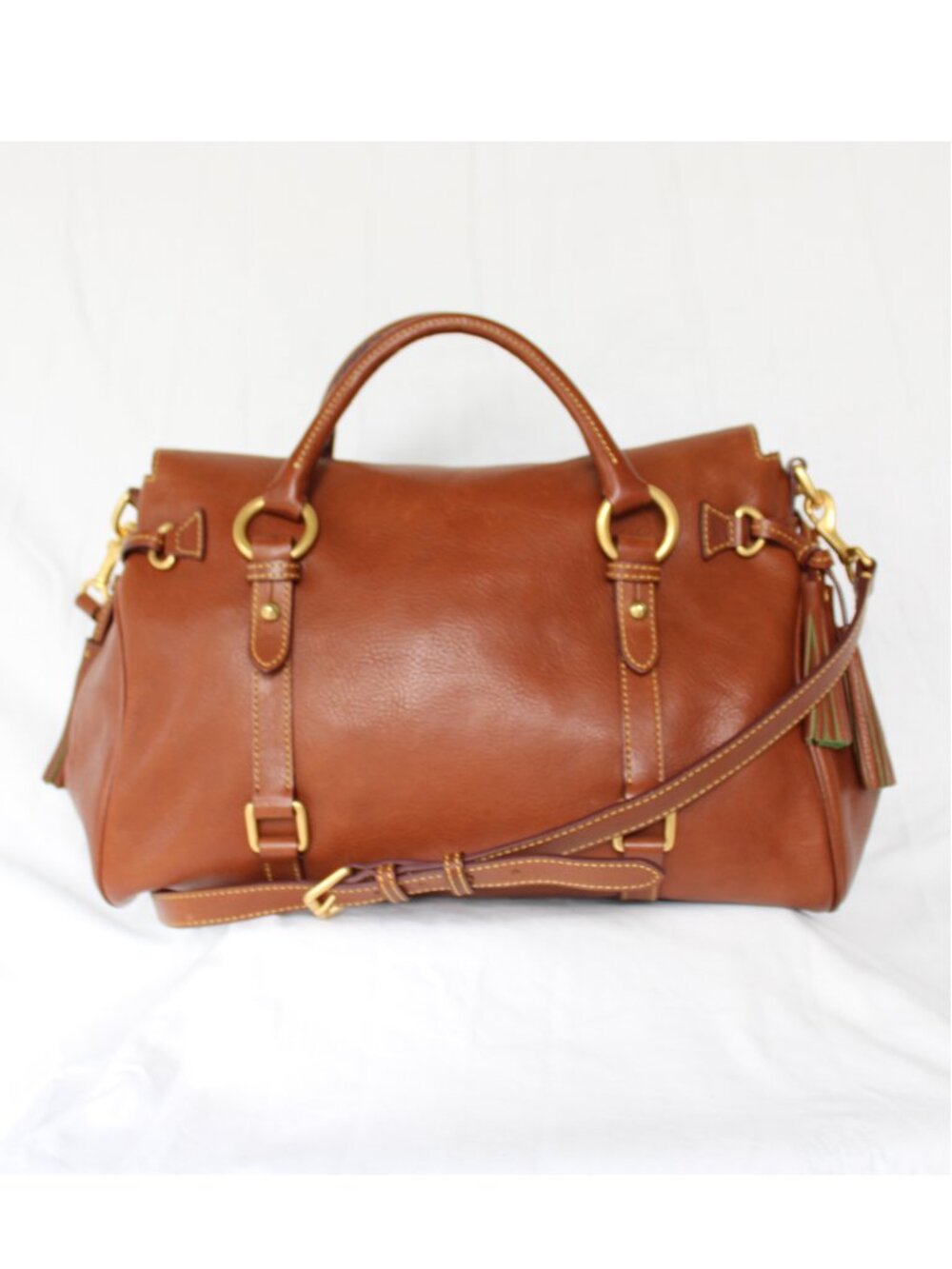 Dooney & Bourke Natural tan leather Florentine satchel tassel purse crossbody L - Picture 7 of 11